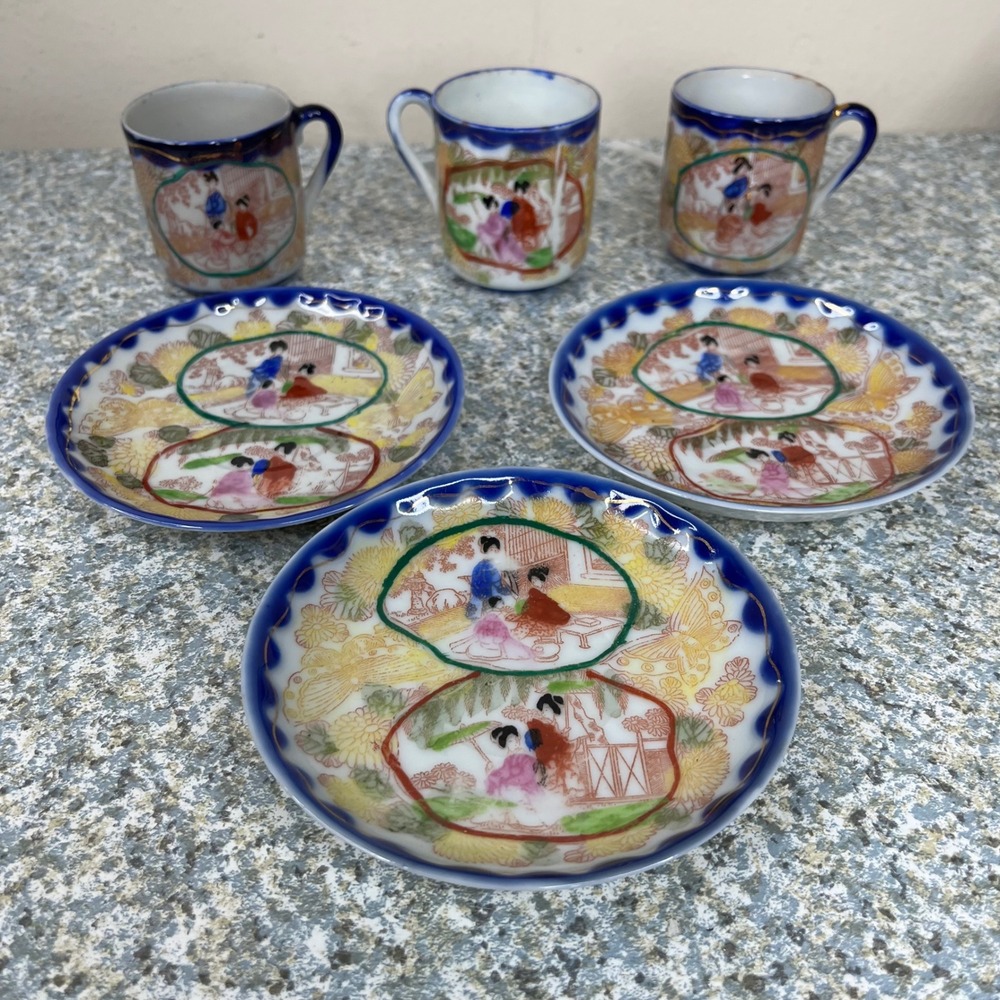 Vintage Japan Porcelain Demitasse Tea Set 6pc Geisha Scene Cobalt Blue Gold Trim